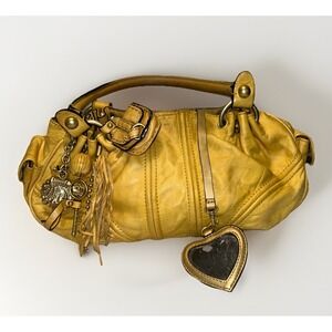 Juicy Couture Yellow Leather Satchel Bag Y2K Heart Mirror Charm Gold Hardware